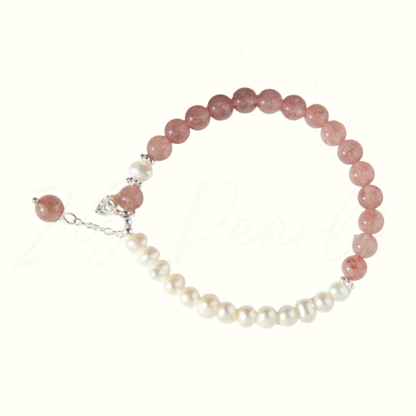 Half Pearl Half Strawberry Quartz Stretch Bracelet
