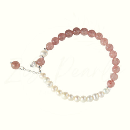 Half Pearl Half Strawberry Quartz Stretch Bracelet