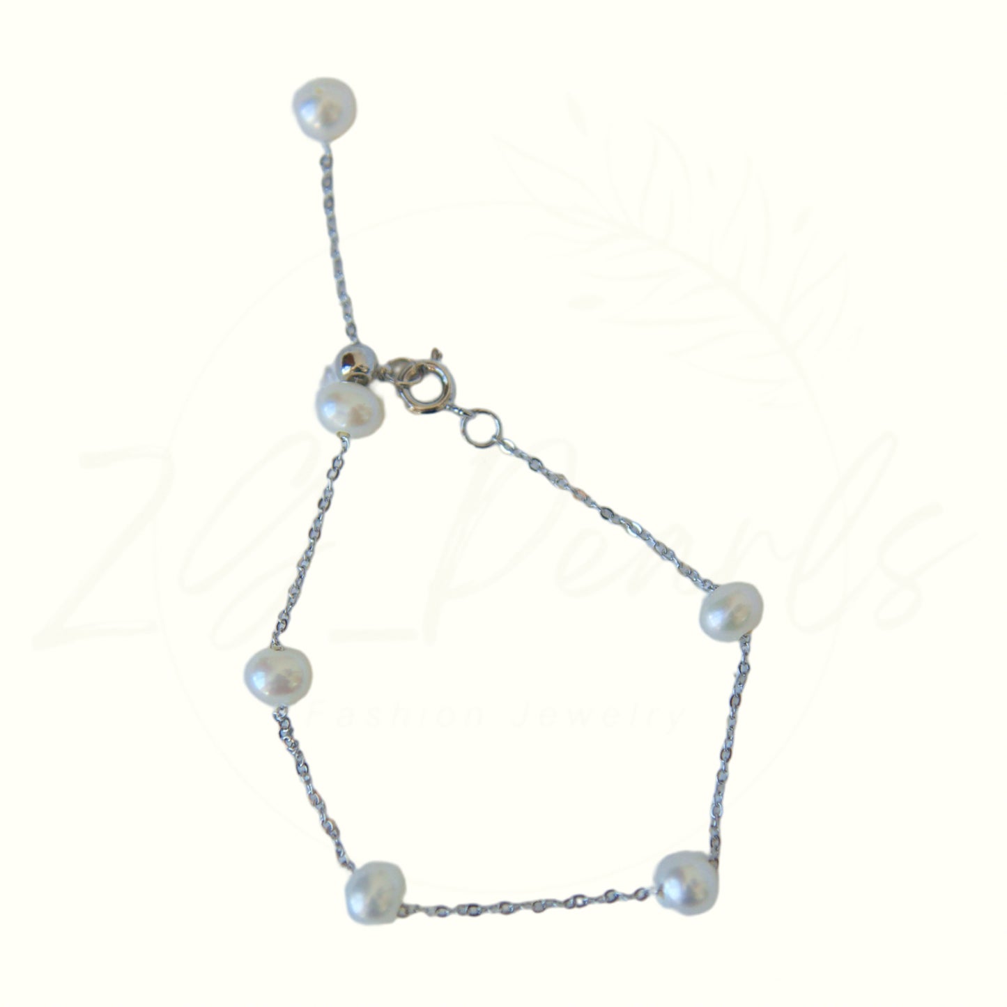 Linear Silver Colour Chain and Freshwater Pearl Adjustable Bracelet