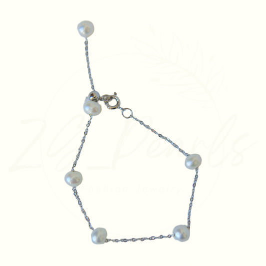 Linear Silver Colour Chain and Freshwater Pearl Adjustable Bracelet