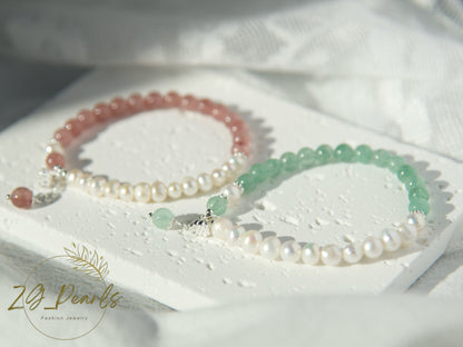 Two pearl bracelets with pink and green beads on a white surface, branded 'Zg Pearls'.