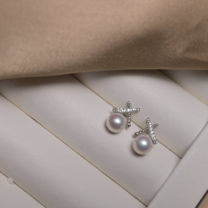 Luxe Cross Pearl Studs - ZG_PearlsS925/Sterling SliverZG_PearlsSterling silverSilver
